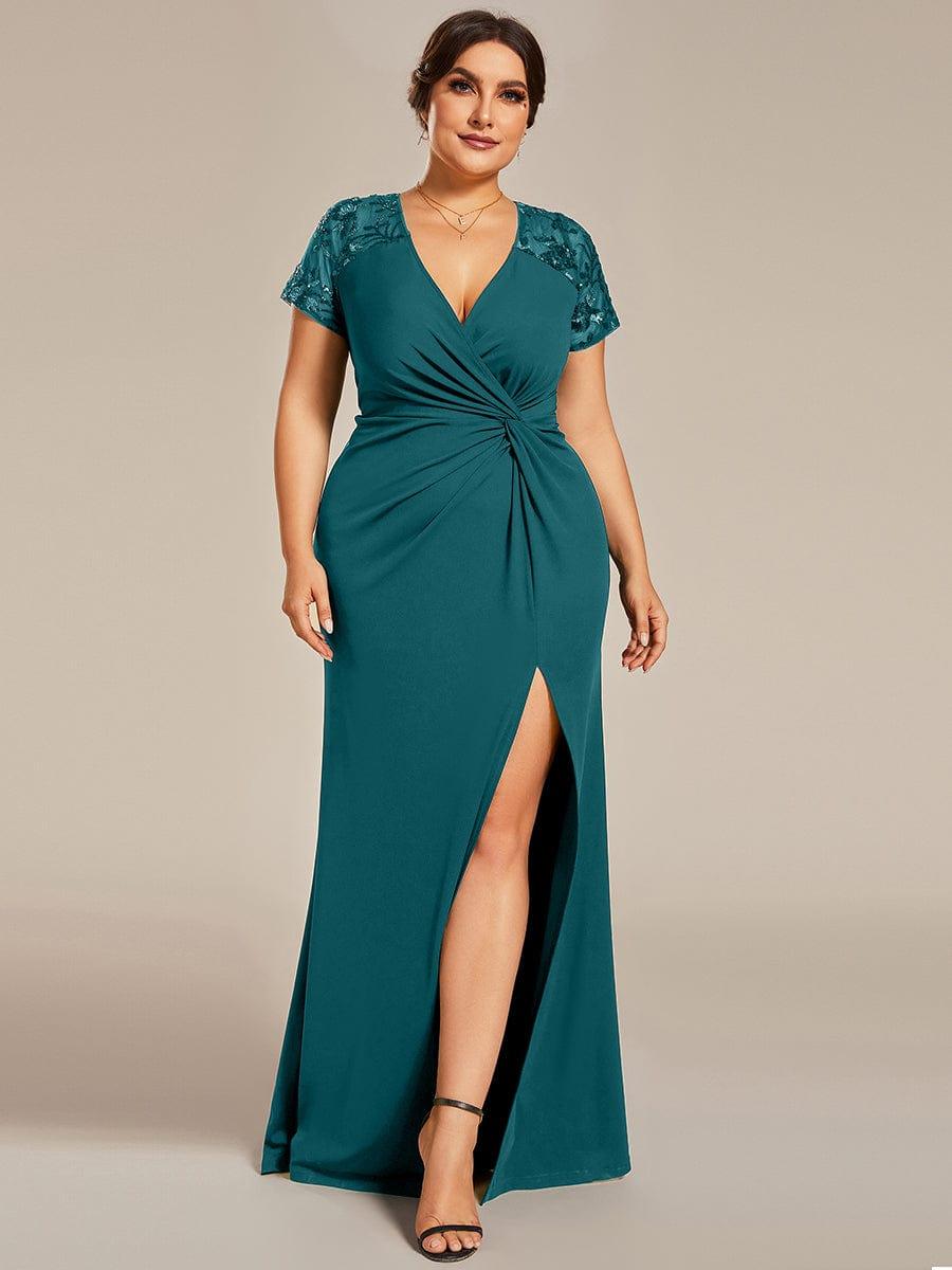 ever GILDED|Short Sequin Sleeve Front Slit Mother of the Bride Dress