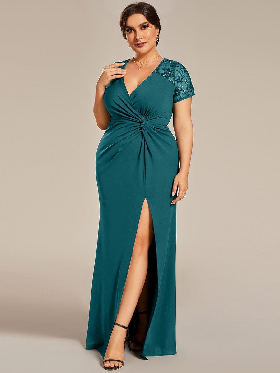 ever GILDED|Short Sequin Sleeve Front Slit Mother of the Bride Dress