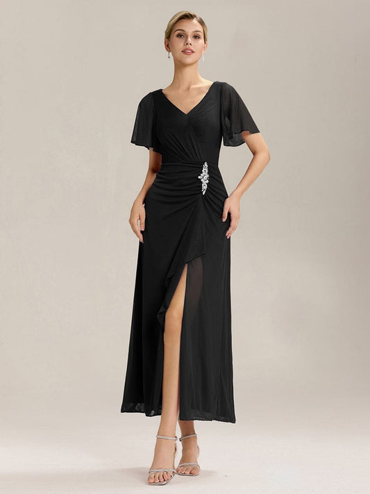 ever MARIEL|Rhinestone Embellished Chiffon Ruffle Sleeve Evening Dress