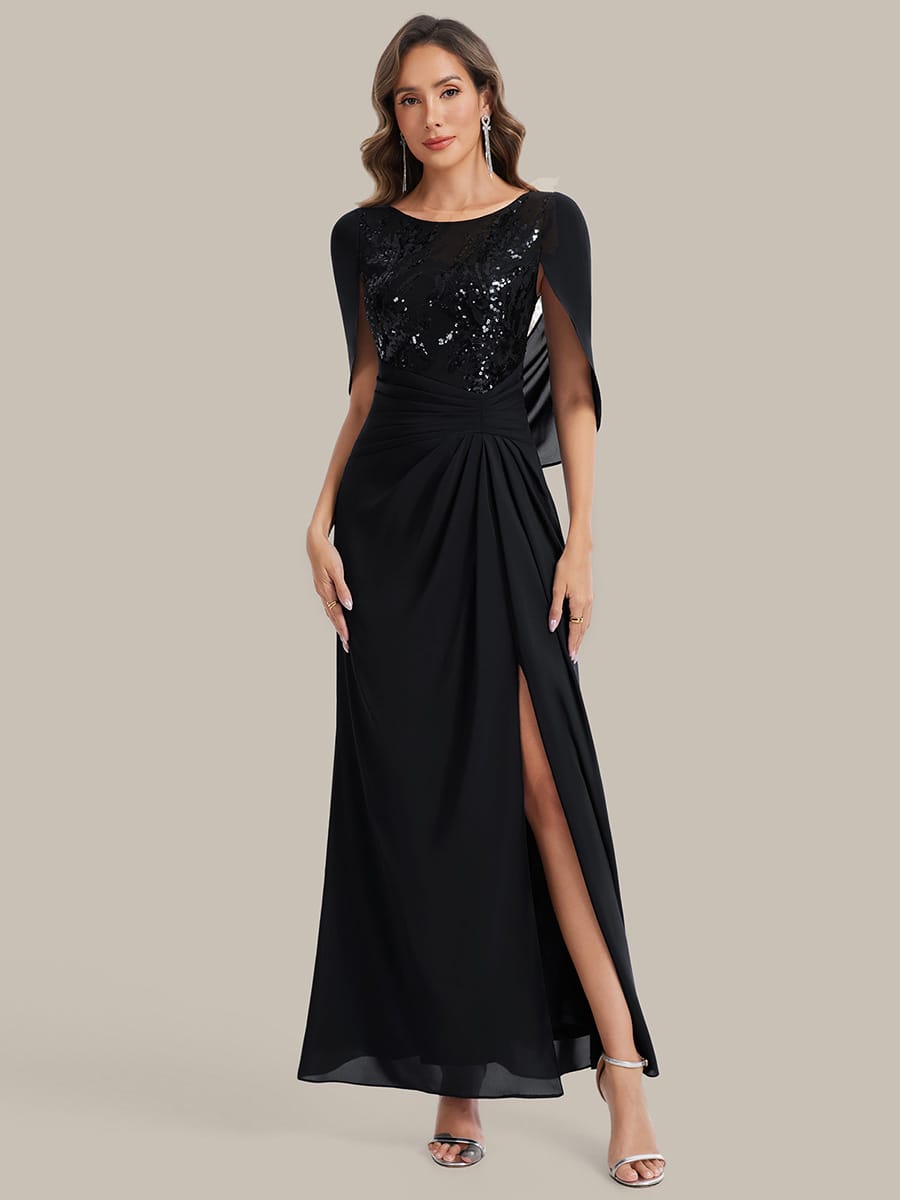 Sequin Bodice and Draped Cape Sleeves Dress