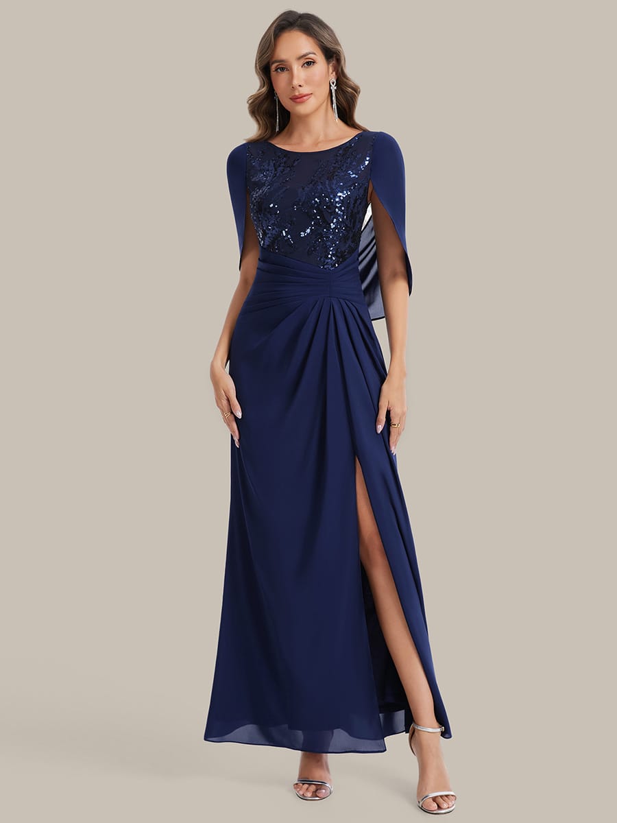Sequin Bodice and Draped Cape Sleeves Dress