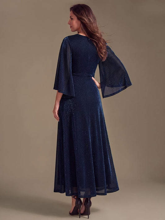 Lurex Mesh Cross Over Neck Maxi Dress with 3/4 Sleeves
