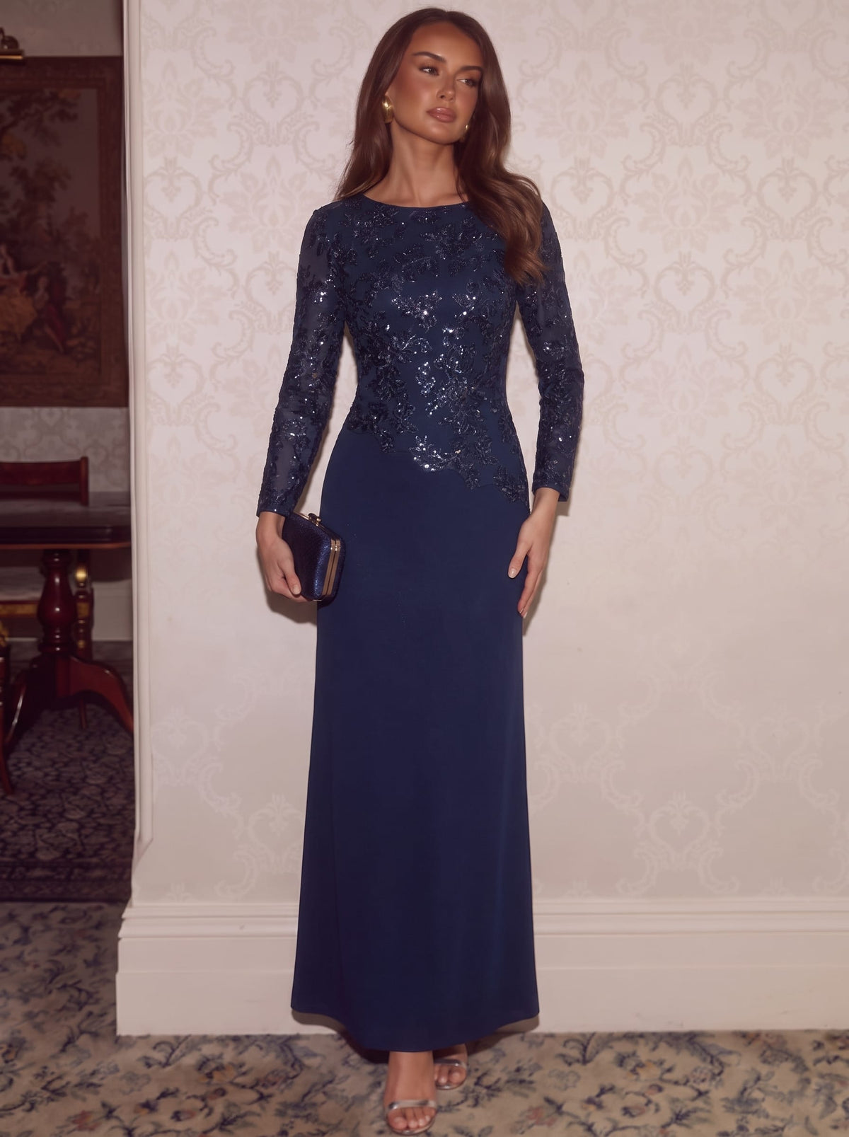 Embellished Sequin Mother of the Bride Maxi Dress