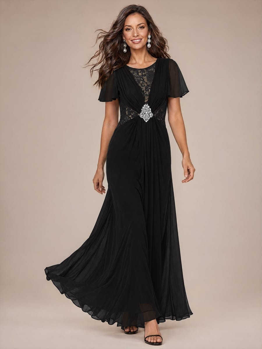 Ruffle Sleeve Chiffon A-Line Mother of the Bride Dress