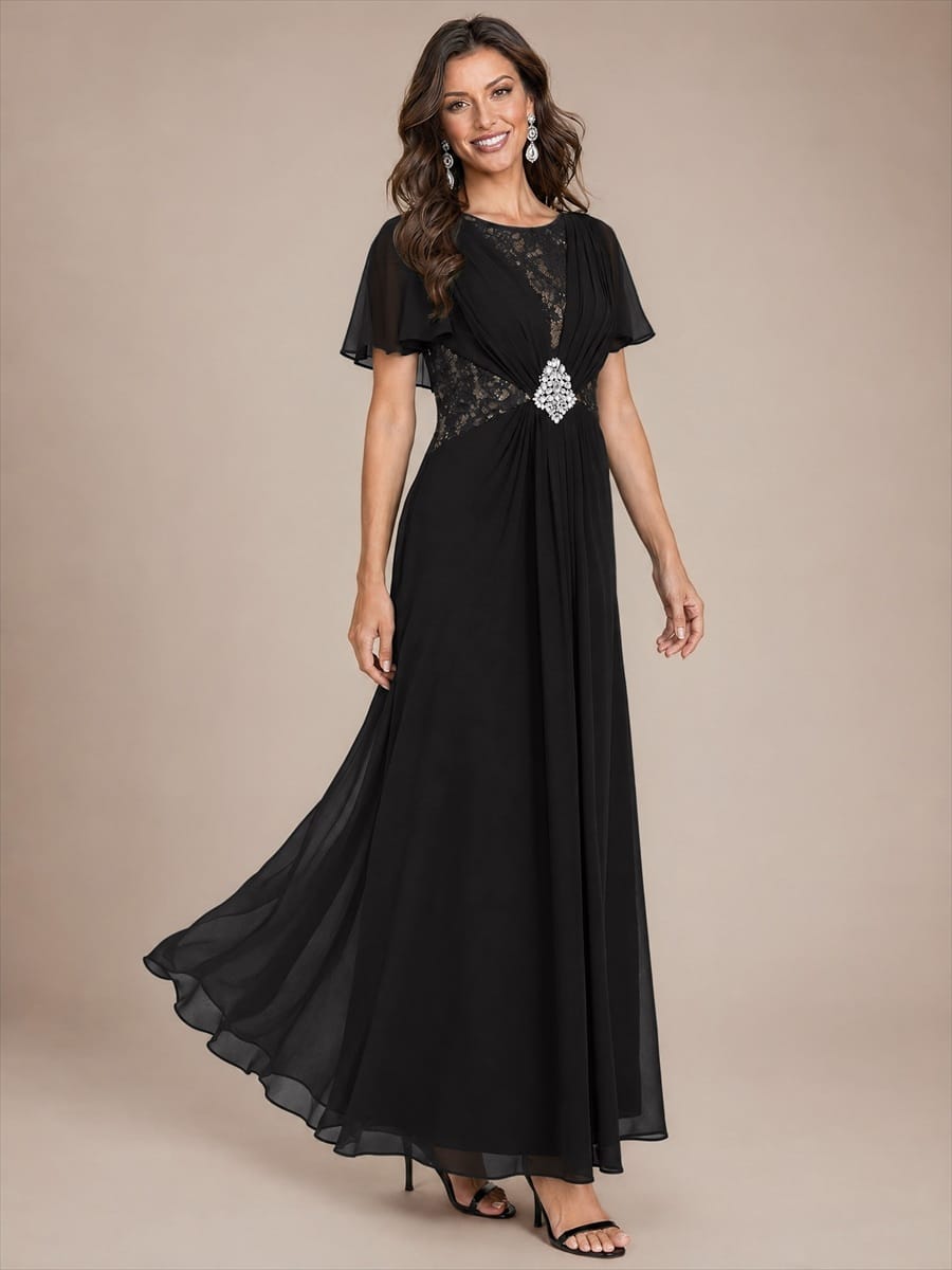 Ruffle Sleeve Chiffon A-Line Mother of the Bride Dress