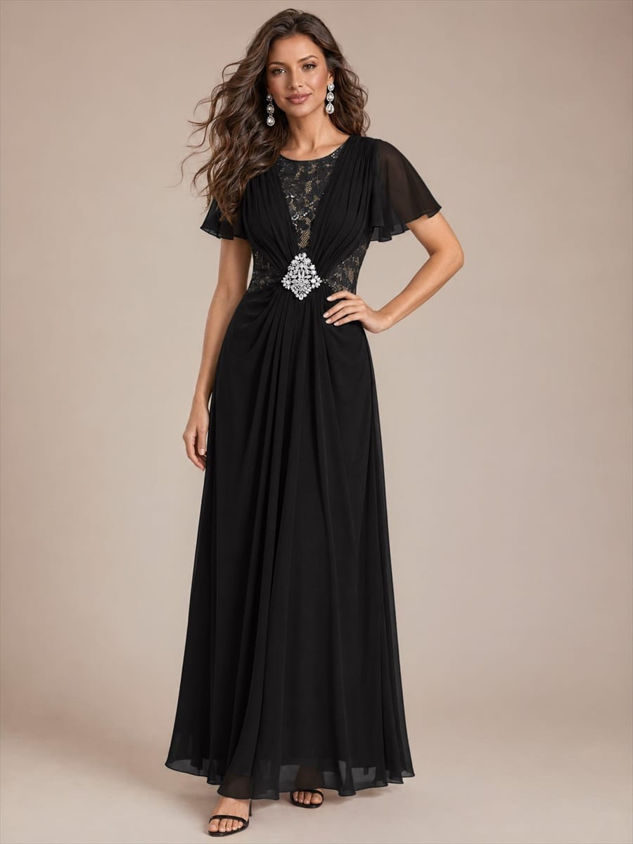 Ruffle Sleeve Chiffon A-Line Mother of the Bride Dress