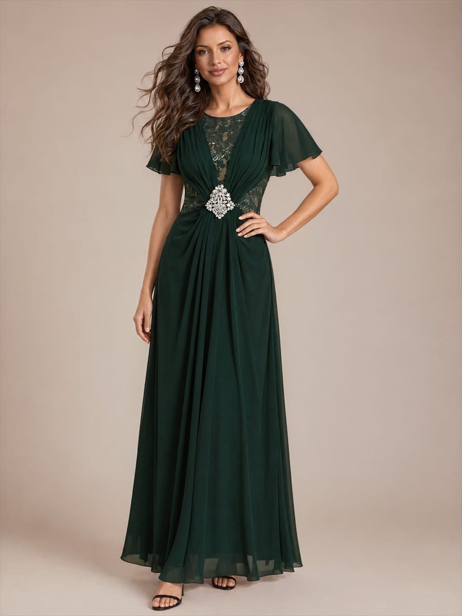 Ruffle Sleeve Chiffon A-Line Mother of the Bride Dress
