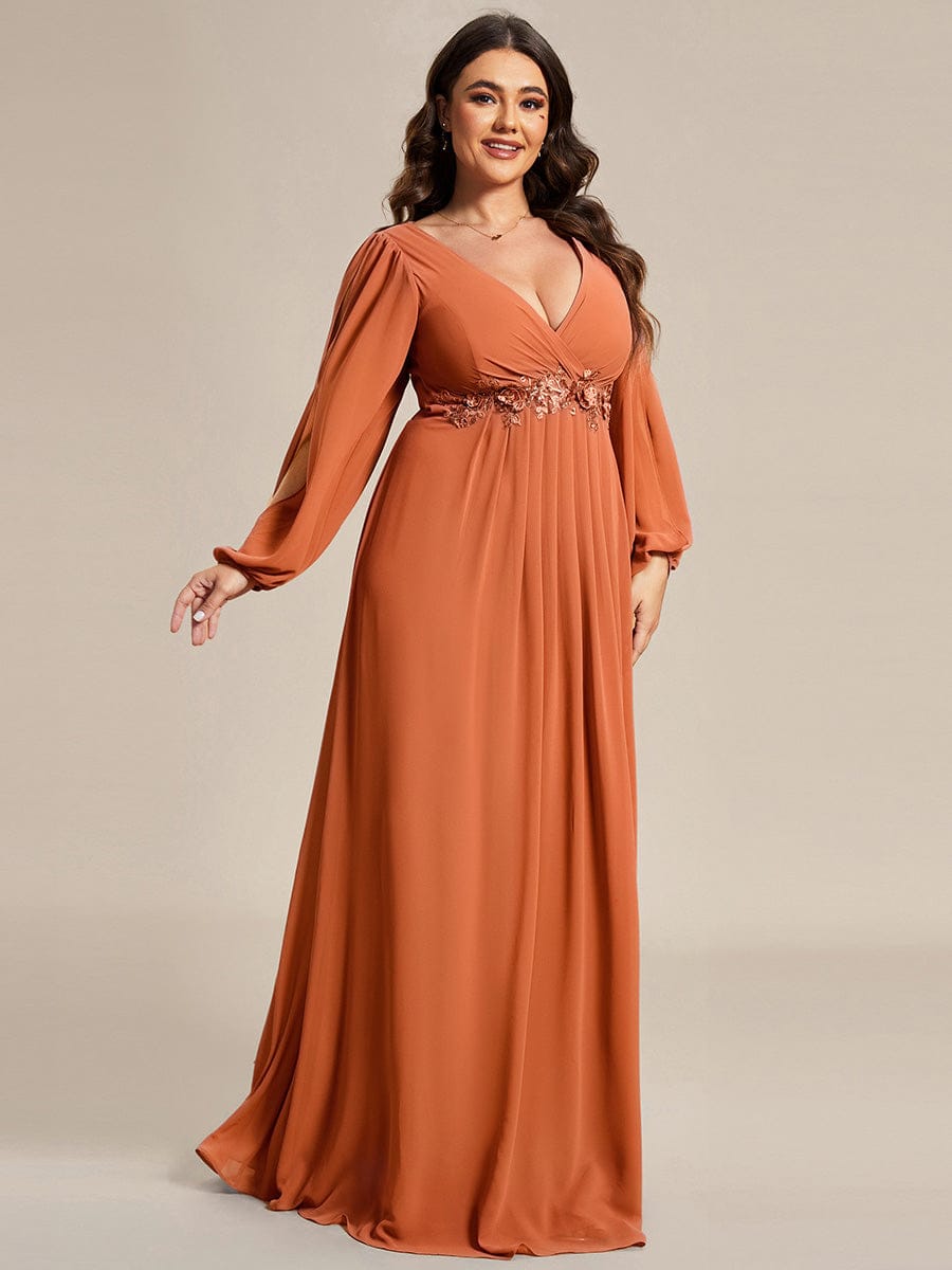 ever AMOUR|Lantern Long Slit Sleeve Deep V Applique Maxi Evening Dress (Final Sale)