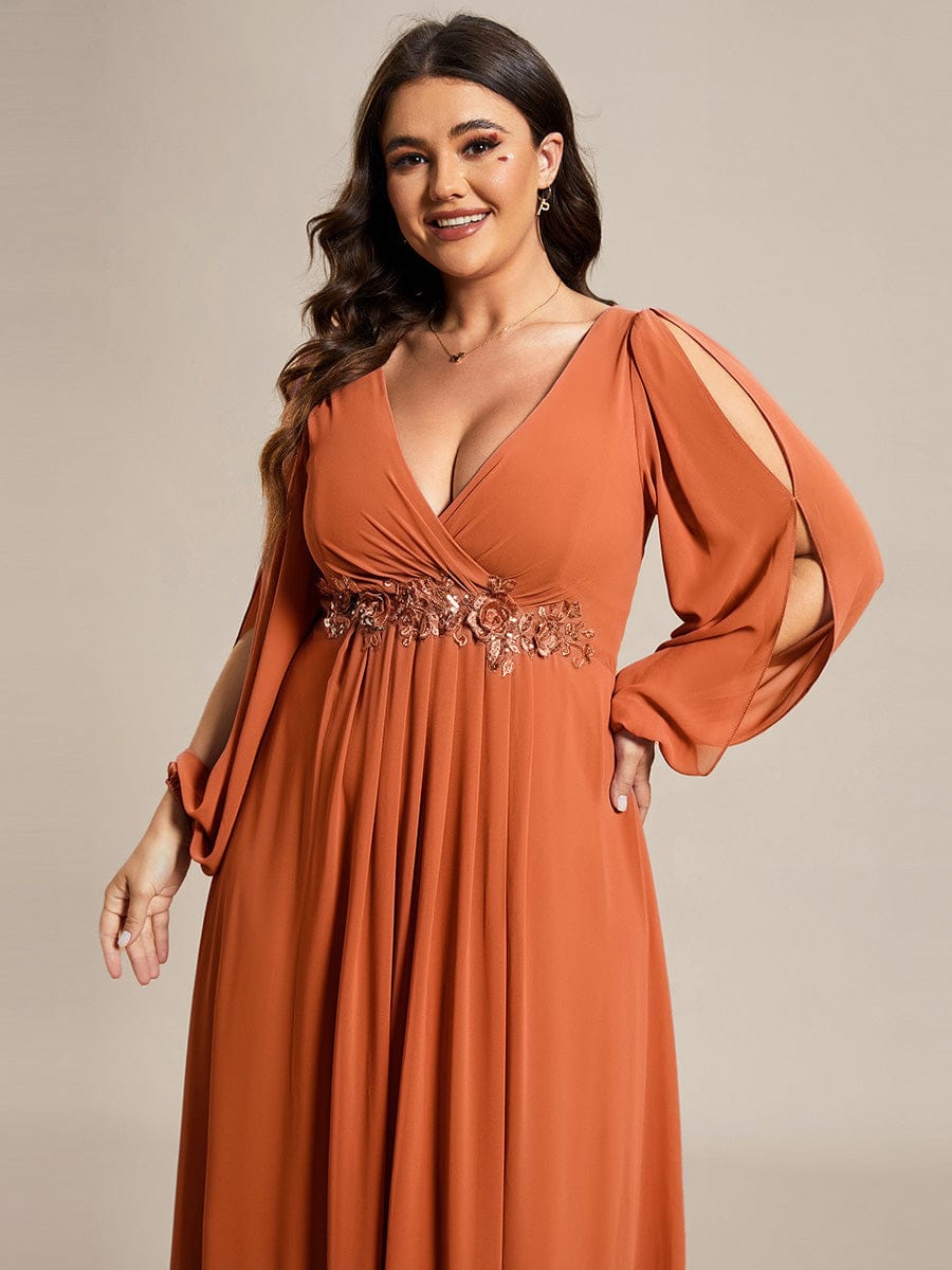 ever AMOUR|Lantern Long Slit Sleeve Deep V Applique Maxi Evening Dress (Final Sale)