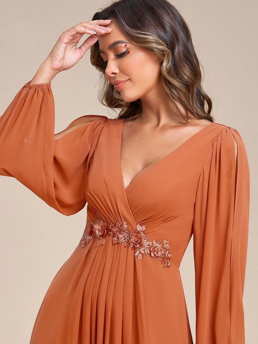 ever AMOUR|Lantern Long Slit Sleeve Deep V Applique Maxi Evening Dress (Final Sale)