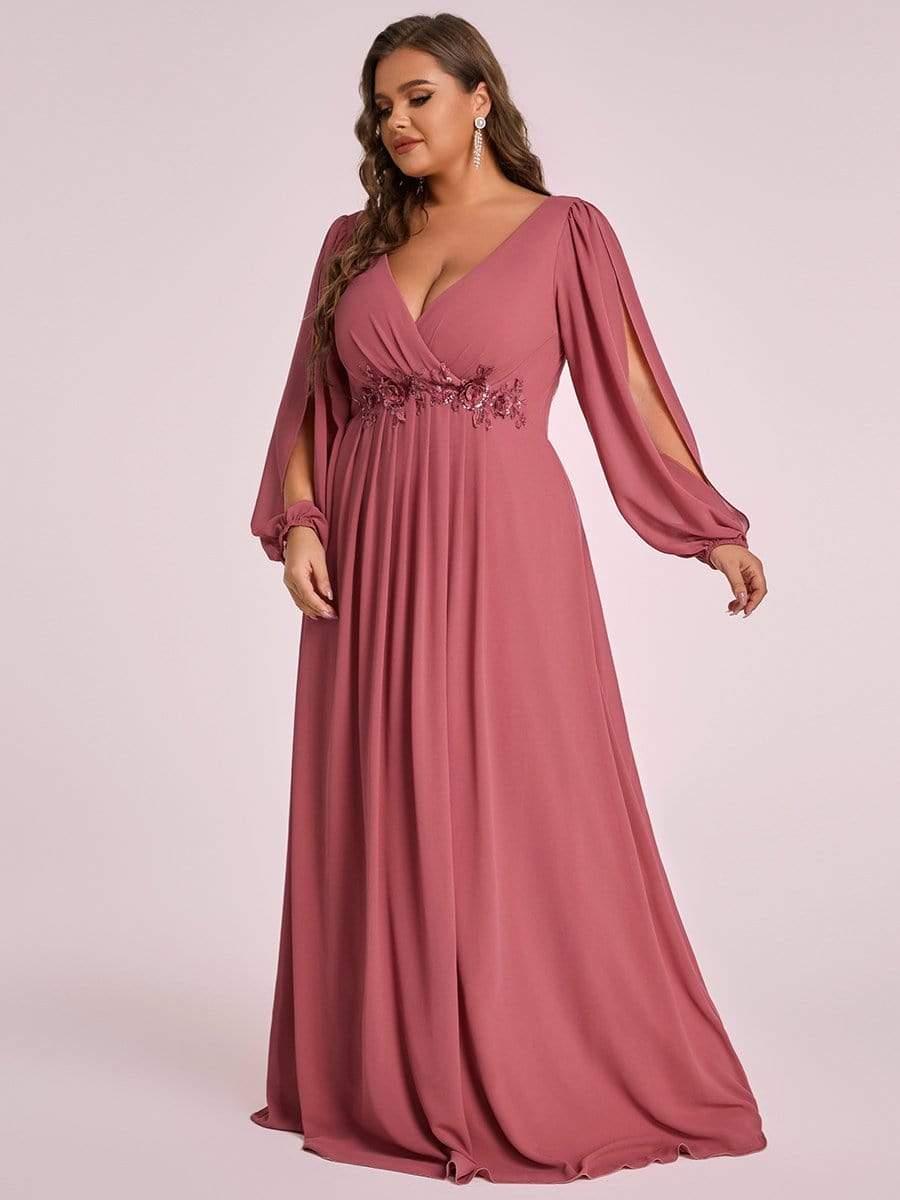 ever AMOUR|Lantern Long Slit Sleeve Deep V Applique Maxi Evening Dress (Final Sale)