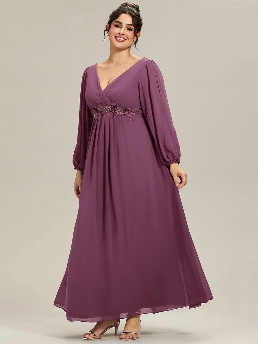 ever AMOUR|Lantern Long Slit Sleeve Deep V Applique Maxi Evening Dress (Final Sale)