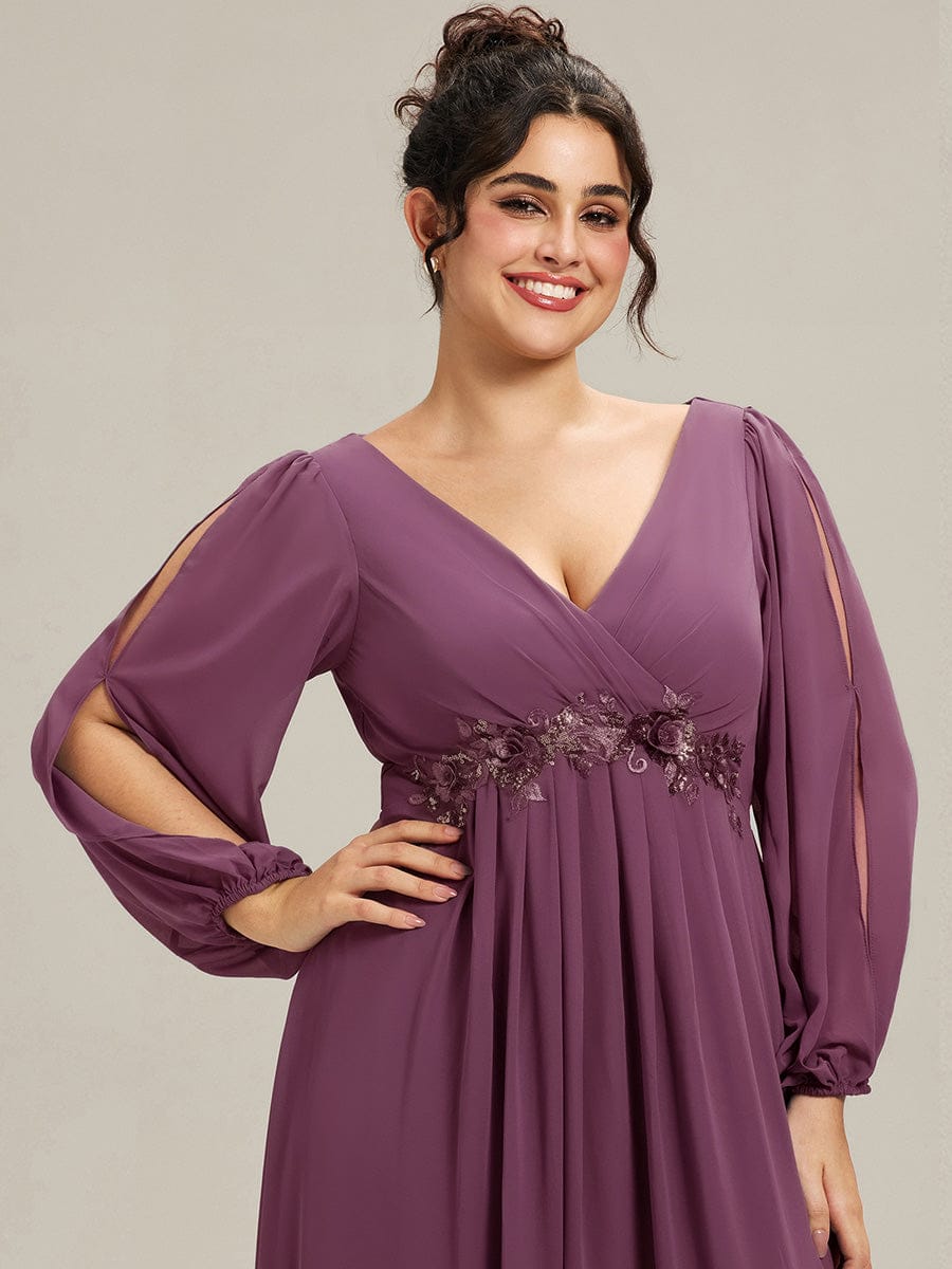 ever AMOUR|Lantern Long Slit Sleeve Deep V Applique Maxi Evening Dress (Final Sale)