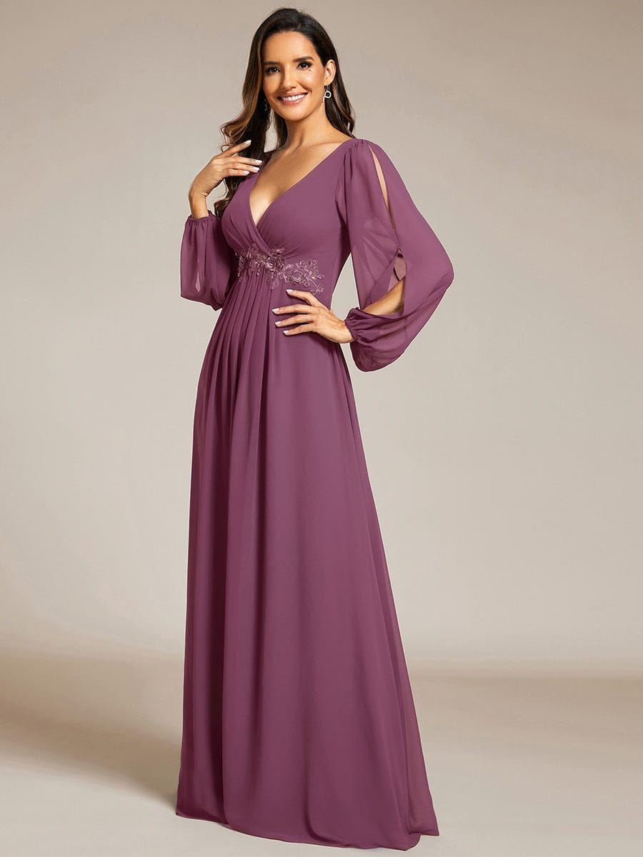 ever AMOUR|Lantern Long Slit Sleeve Deep V Applique Maxi Evening Dress (Final Sale)