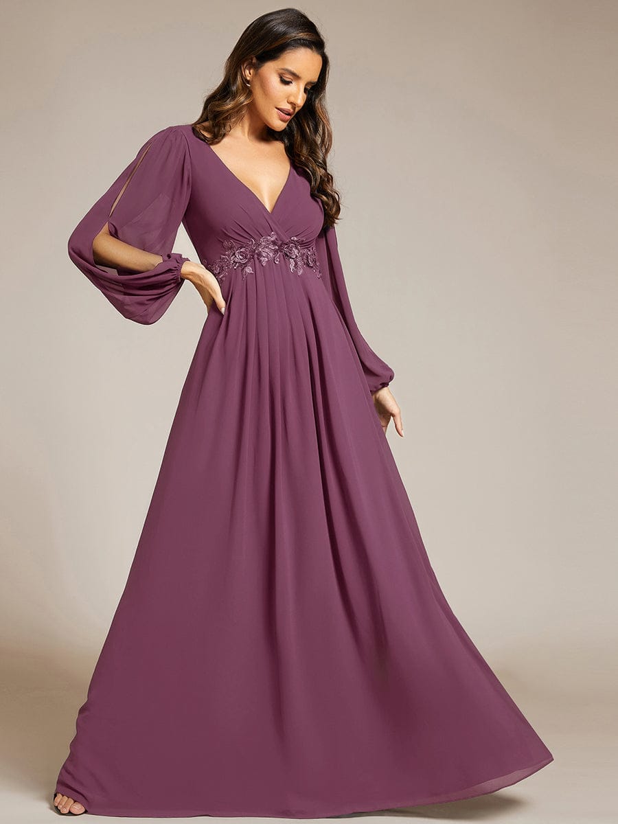 ever AMOUR|Lantern Long Slit Sleeve Deep V Applique Maxi Evening Dress (Final Sale)