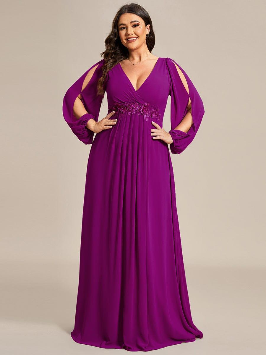 ever AMOUR|Lantern Long Slit Sleeve Deep V Applique Maxi Evening Dress (Final Sale)