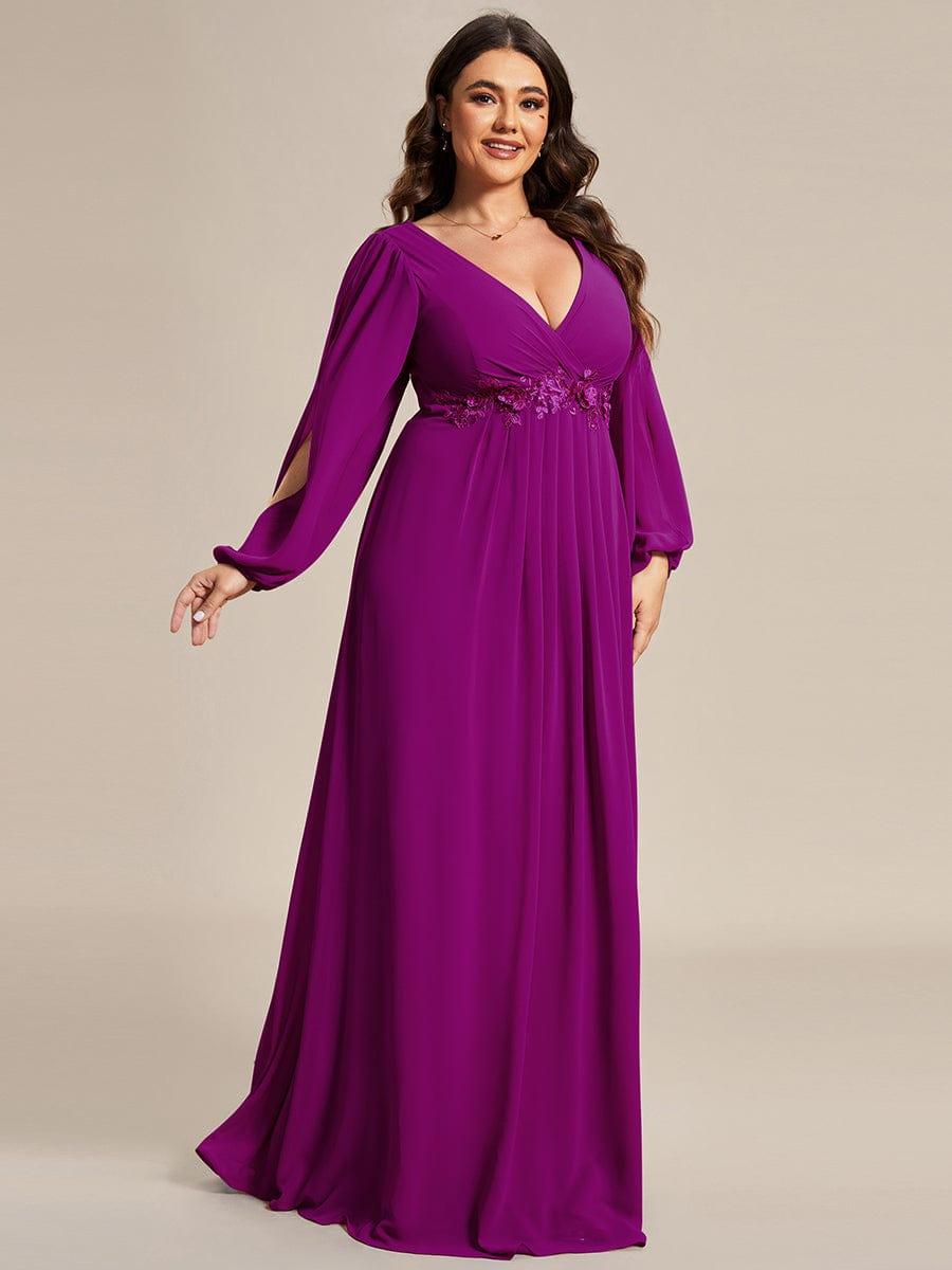 ever AMOUR|Lantern Long Slit Sleeve Deep V Applique Maxi Evening Dress (Final Sale)