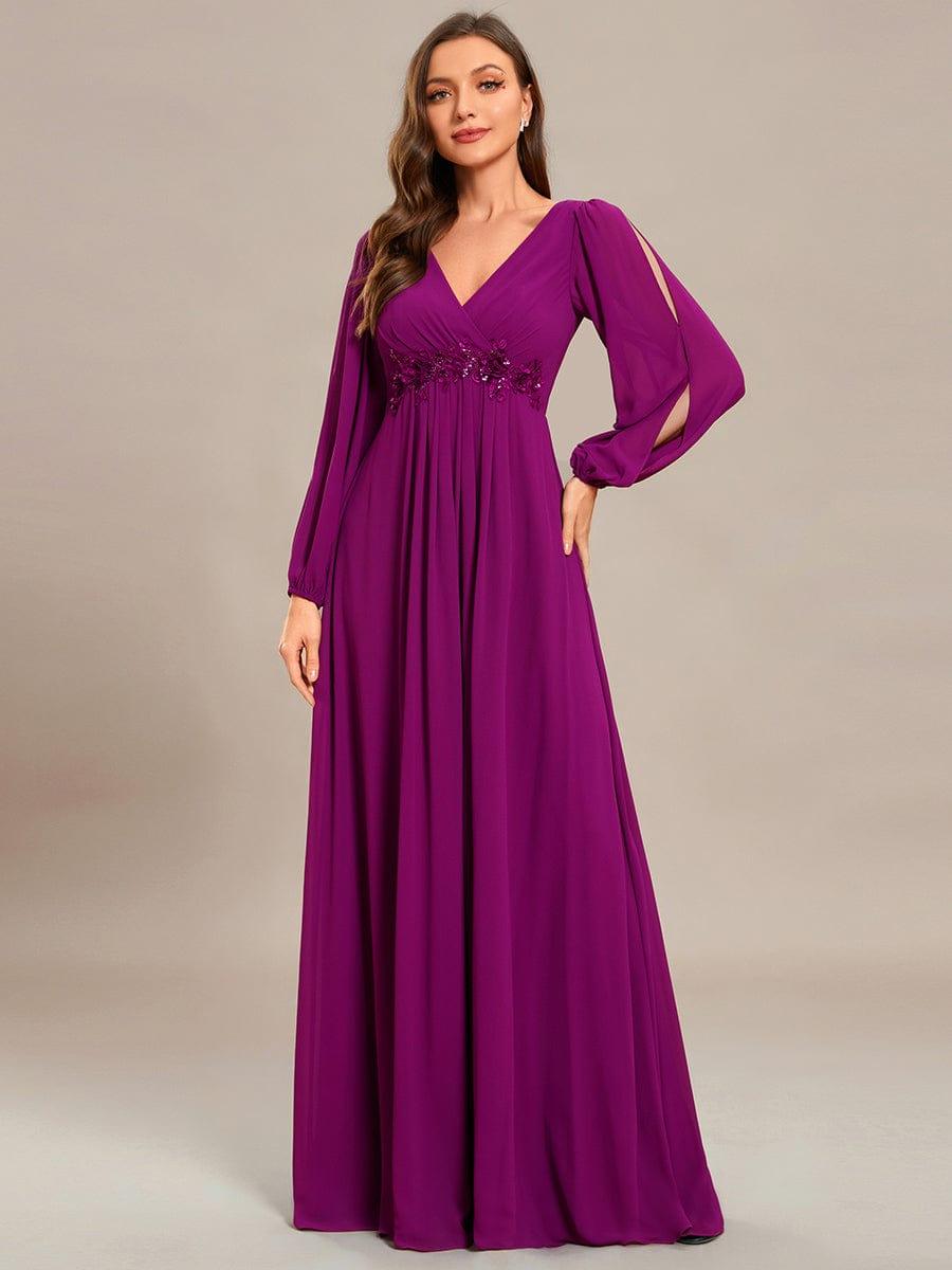 ever AMOUR|Lantern Long Slit Sleeve Deep V Applique Maxi Evening Dress (Final Sale)