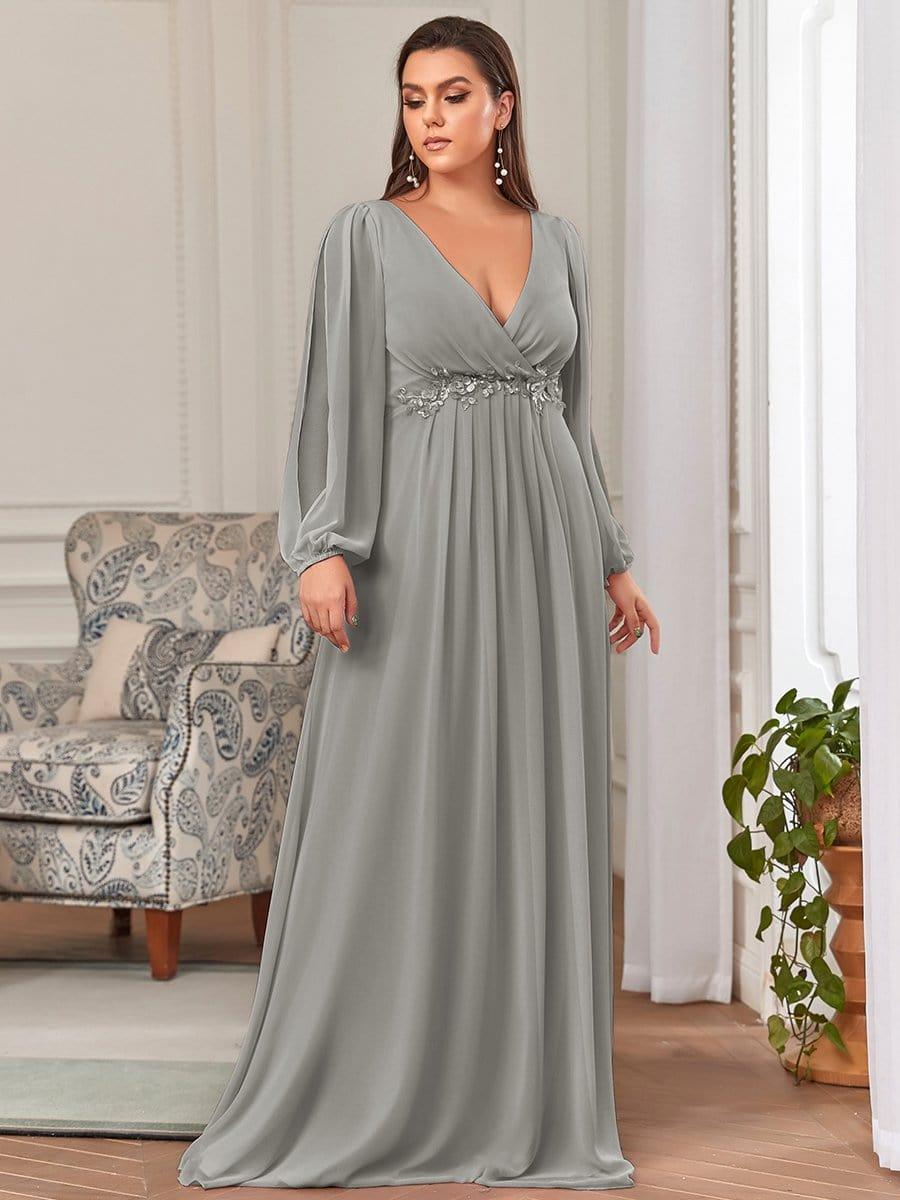 ever AMOUR|Lantern Long Slit Sleeve Deep V Applique Maxi Evening Dress (Final Sale)