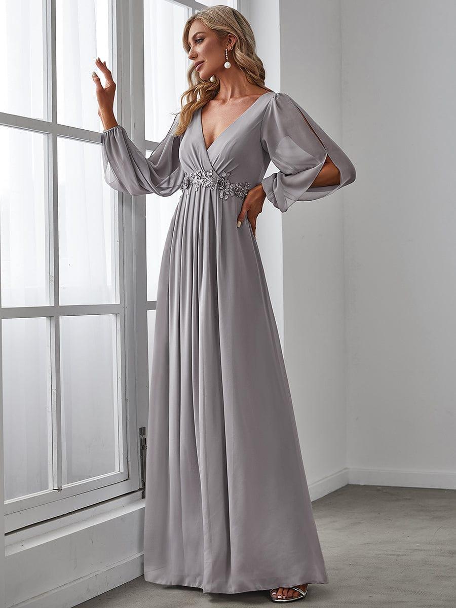 ever AMOUR|Lantern Long Slit Sleeve Deep V Applique Maxi Evening Dress (Final Sale)