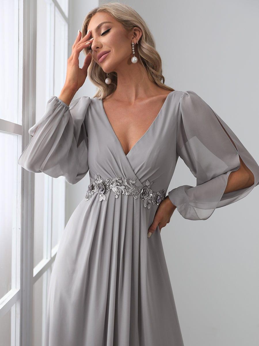 ever AMOUR|Lantern Long Slit Sleeve Deep V Applique Maxi Evening Dress (Final Sale)
