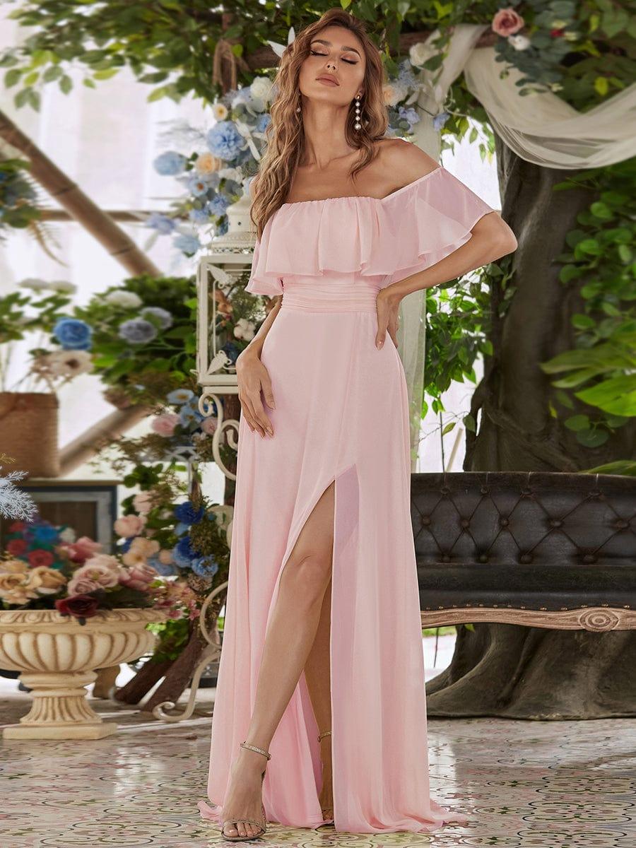 ever ÉMILE|Women's Off-The-Shoulder Ruffle Thigh Split Wedding Guest Dresses (Final Sale)