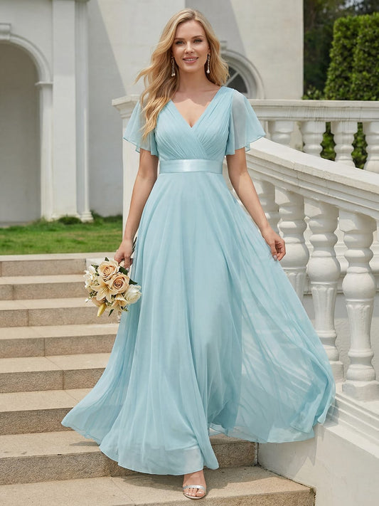 ever MISTE|Double V-Neck Tulle Floor-Length Bridesmaid Dress (Final Sale)