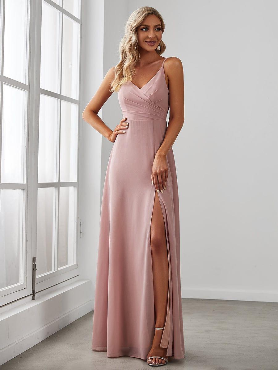 ever RENÉ|Spaghetti Strap Pleated V-Neck High Slit Evening Dress