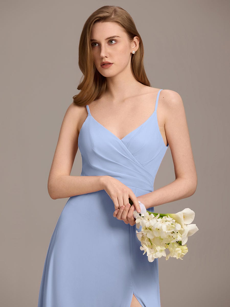 ever RENÉ|Spaghetti Strap Pleated V-Neck High Slit Evening Dress