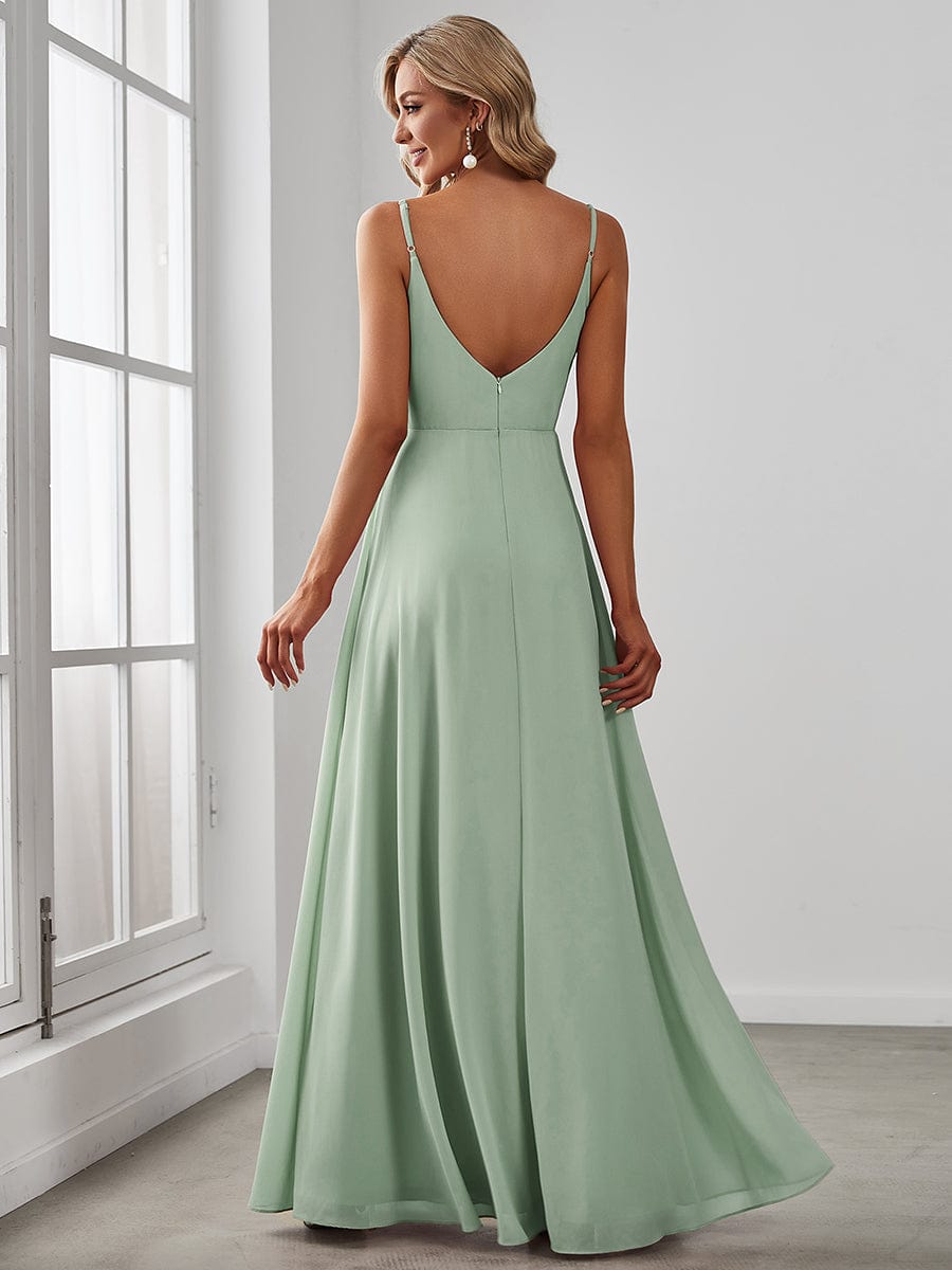 ever RENÉ|Spaghetti Strap Pleated V-Neck High Slit Evening Dress