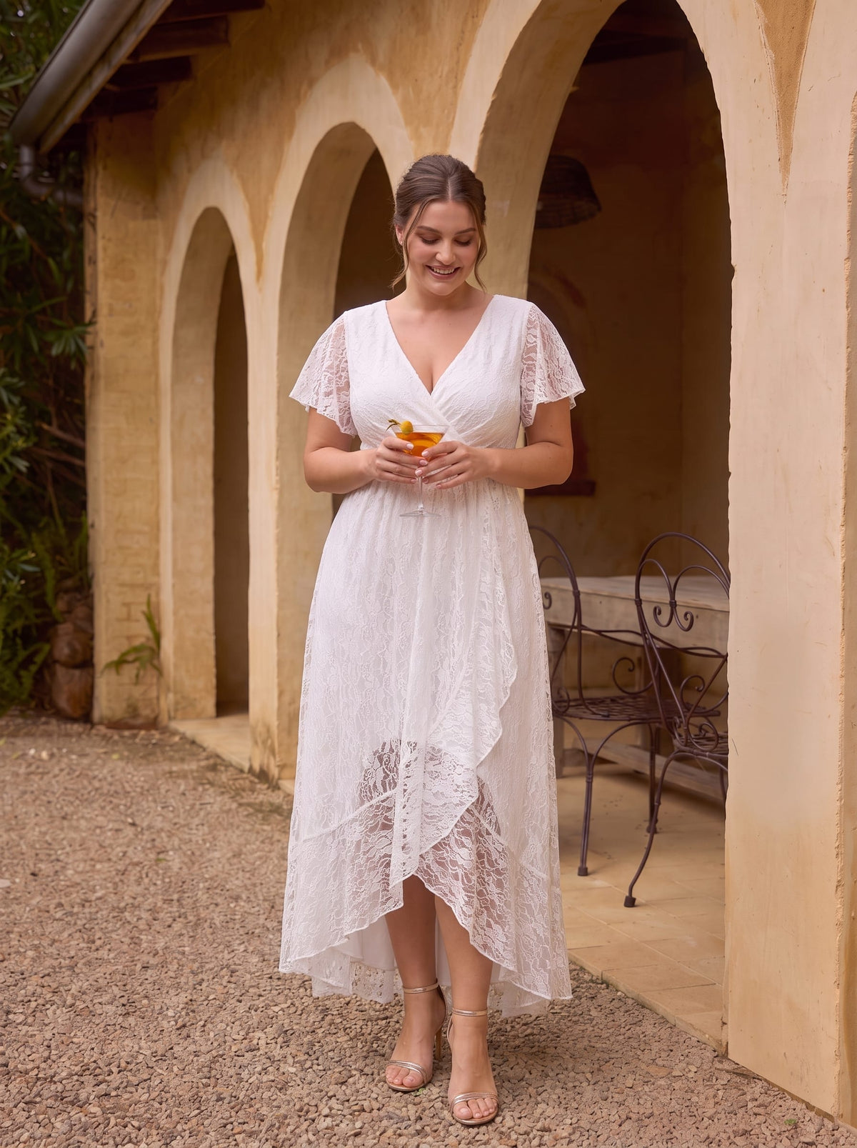 ever ELISE|V-Neck Short Sleeve Pleated Ruffled Lace Wedding Guest Dress
