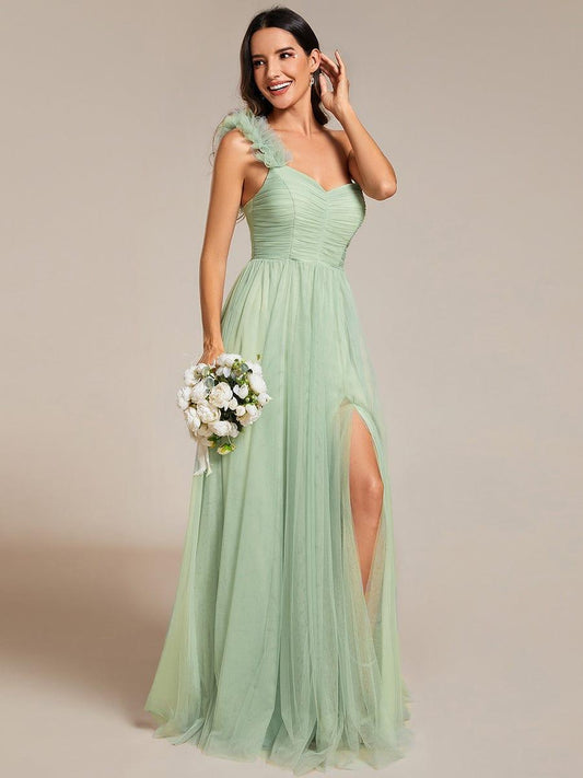 ever CLOE|Elegant One Shoulder Maxi Tulle High Slit Dress In Sage Green