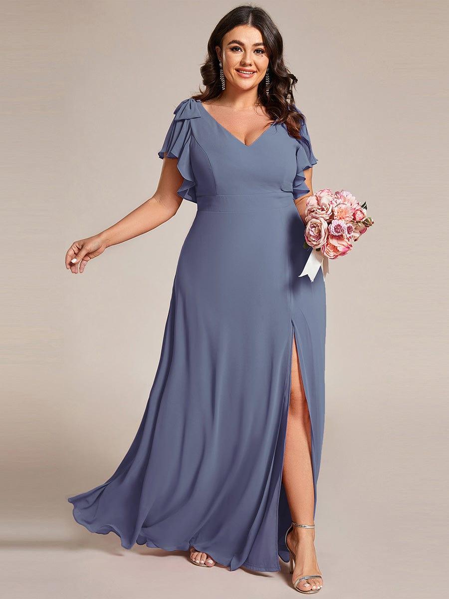 ever ROSY|Double V-Neck High Split Dress with Ribbon Bow in Dusty Blue