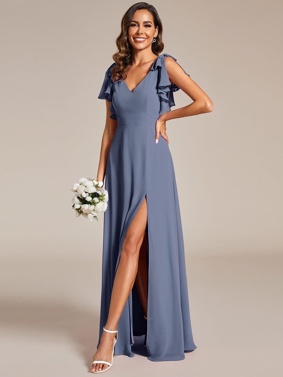ever ROSY|Double V-Neck High Split Dress with Ribbon Bow in Dusty Blue