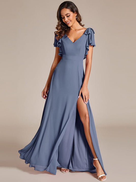ever ROSY|Double V-Neck High Split Dress with Ribbon Bow in Dusty Blue