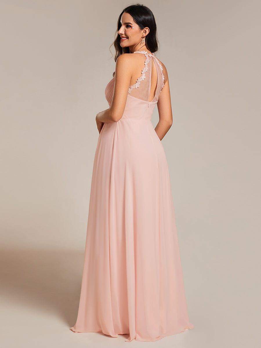 Backless Floral Halter Neck Pleated Maxi Dress with V-Neck in Pink