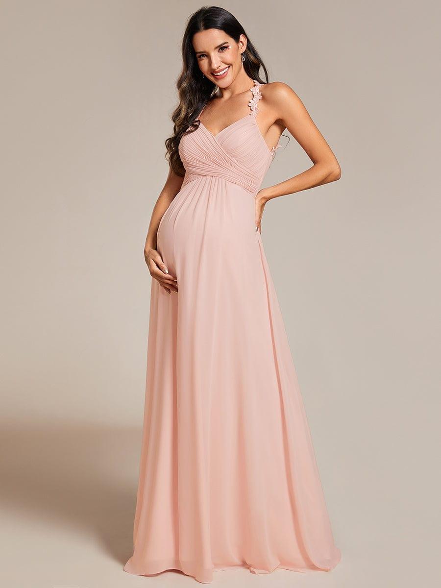Backless Floral Halter Neck Pleated Maxi Dress with V-Neck in Pink