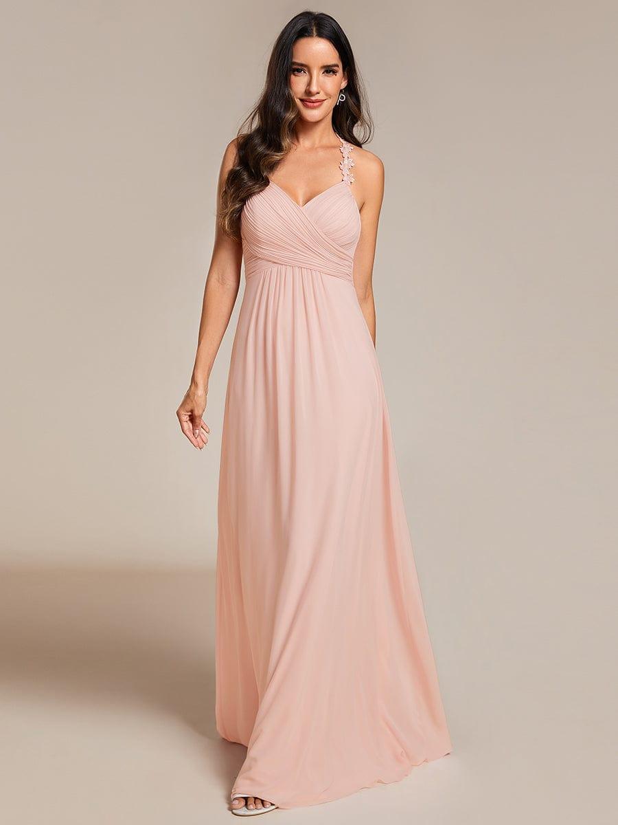 Backless Floral Halter Neck Pleated Maxi Dress with V-Neck in Pink