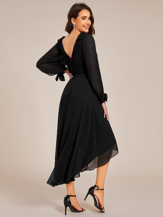 ever MYLAN|Long Sleeve V-Neck Midi Asymmetrical Hem Chiffon Dress in Black