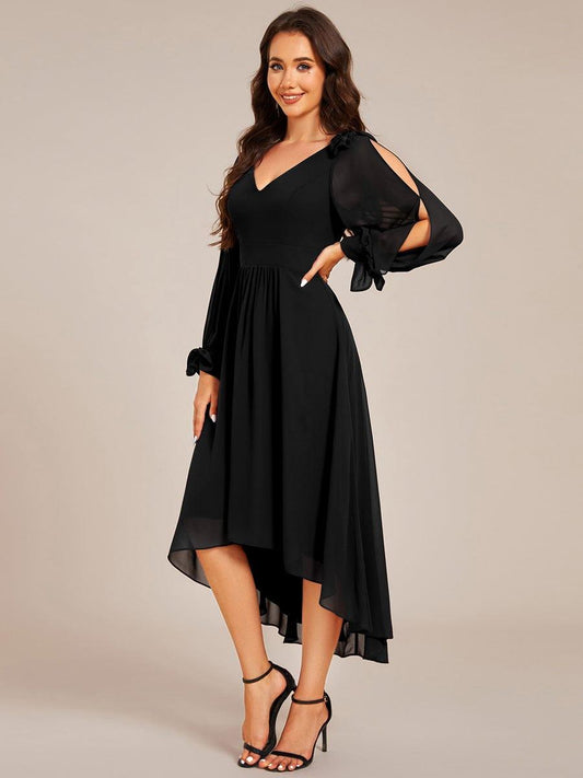 ever MYLAN|Long Sleeve V-Neck Midi Asymmetrical Hem Chiffon Dress in Black