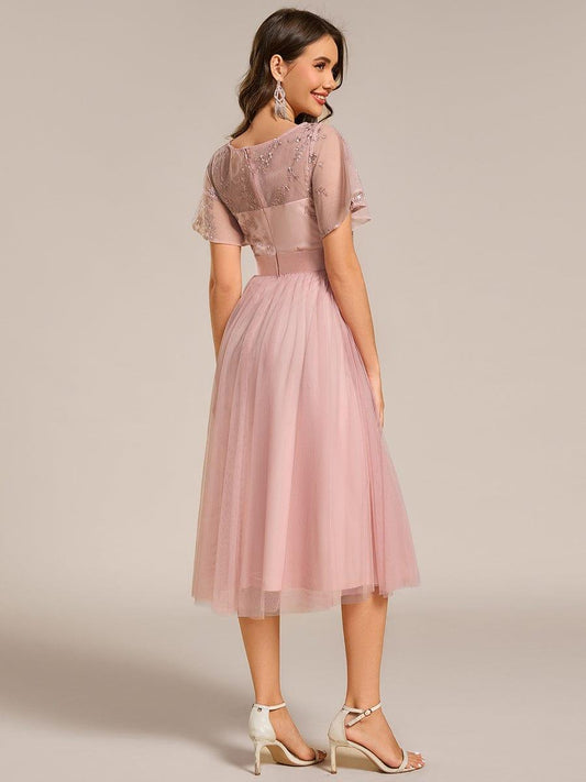 ever MARA|Round Neck Embellished Midi Tulle Wedding Guest Dress