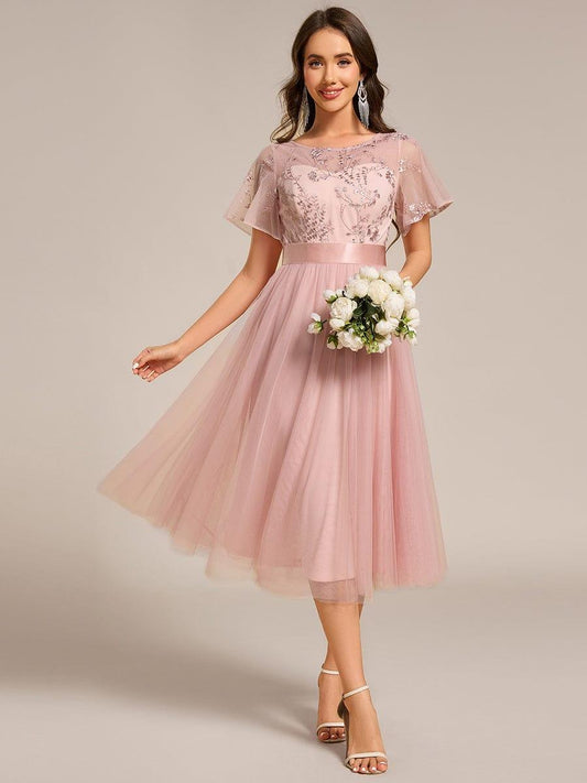 ever MARA|Round Neck Embellished Midi Tulle Dress In Pink