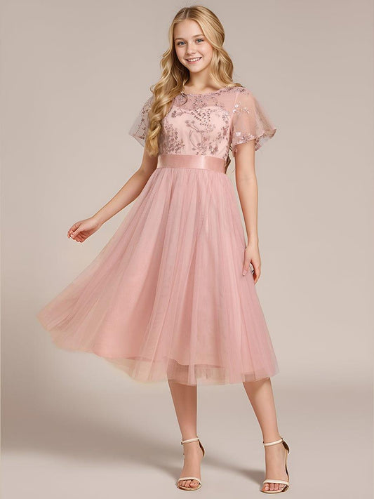 ever MARA|Junior Round Neck Embellished Midi Tulle Bridesmaid Dress