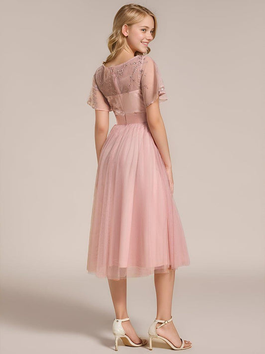 ever MARA|Junior Round Neck Embellished Midi Tulle Bridesmaid Dress