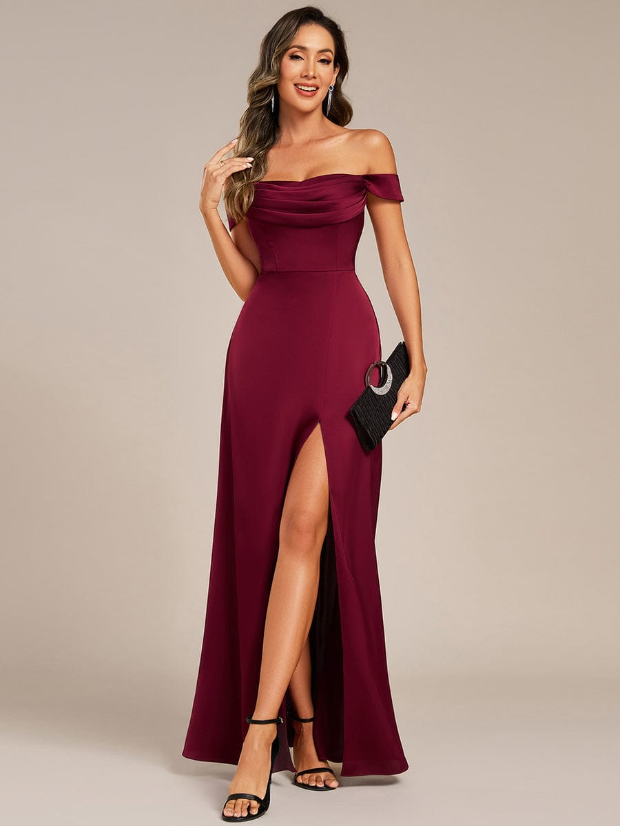 ever OLIVE|Designer Off Shoulder Back-Tie Satin Bridesmaid Dress
