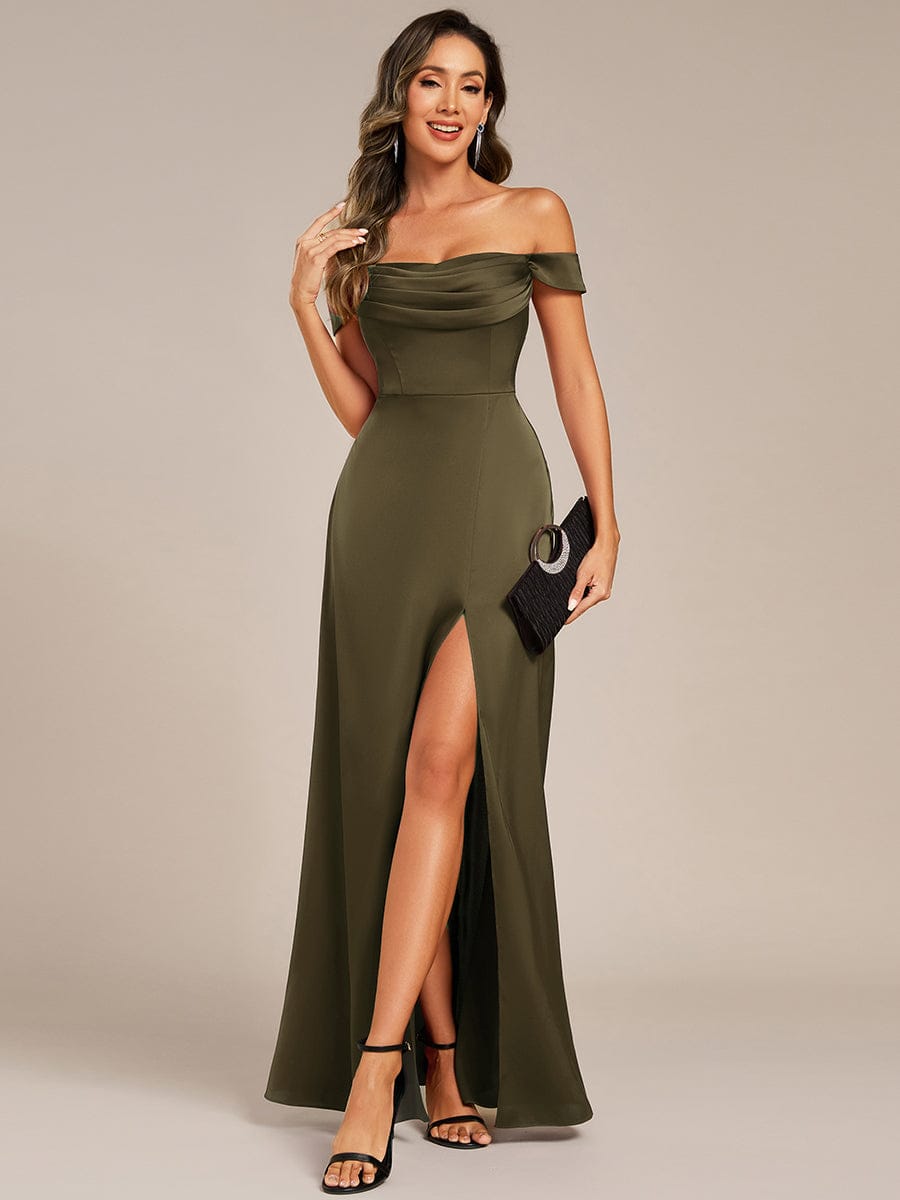 ever OLIVE|Designer Off Shoulder Back-Tie Satin Evening Dress