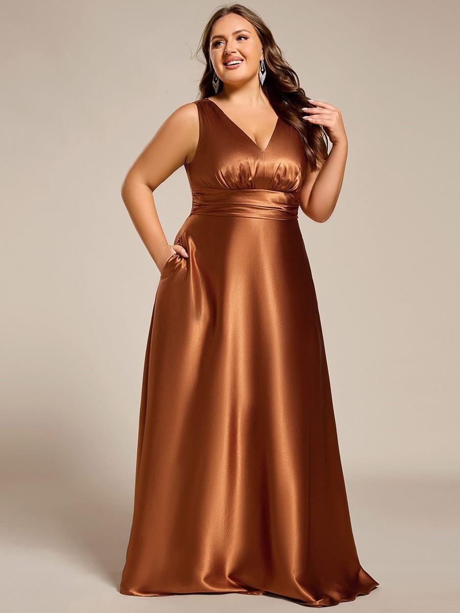 pretty INDY|Plus Size Sleeveless Empire Waist Satin Maxi Bridesmaid Dress With Pockets