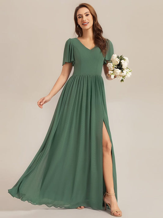 ever AMIRA|Tie-Front Chiffon Ruffle Sleeve Bridesmaid Dress (Final Sale)