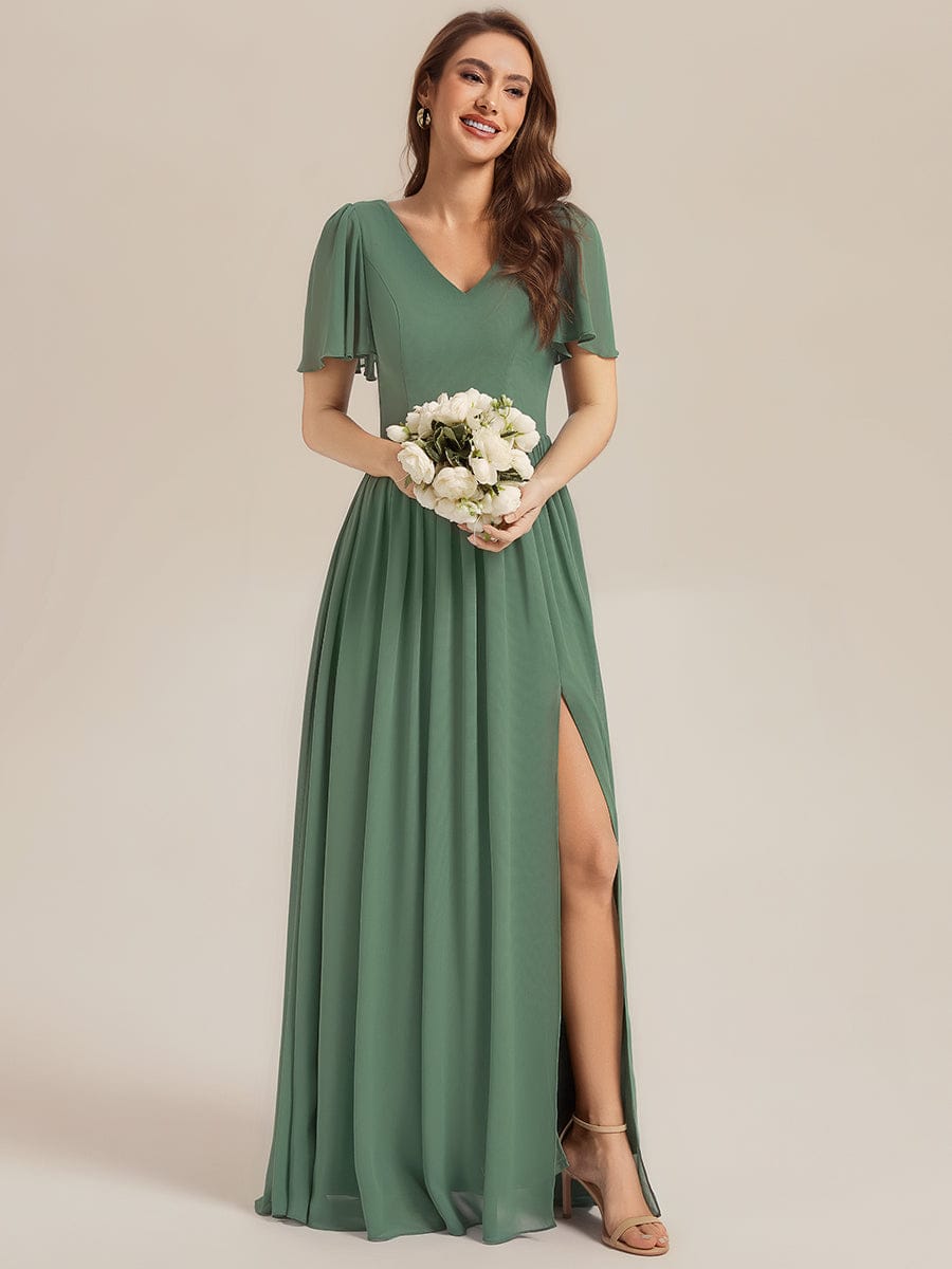 ever AMIRA|Tie-Front Chiffon Ruffle Sleeve Bridesmaid Dress (Final Sale)