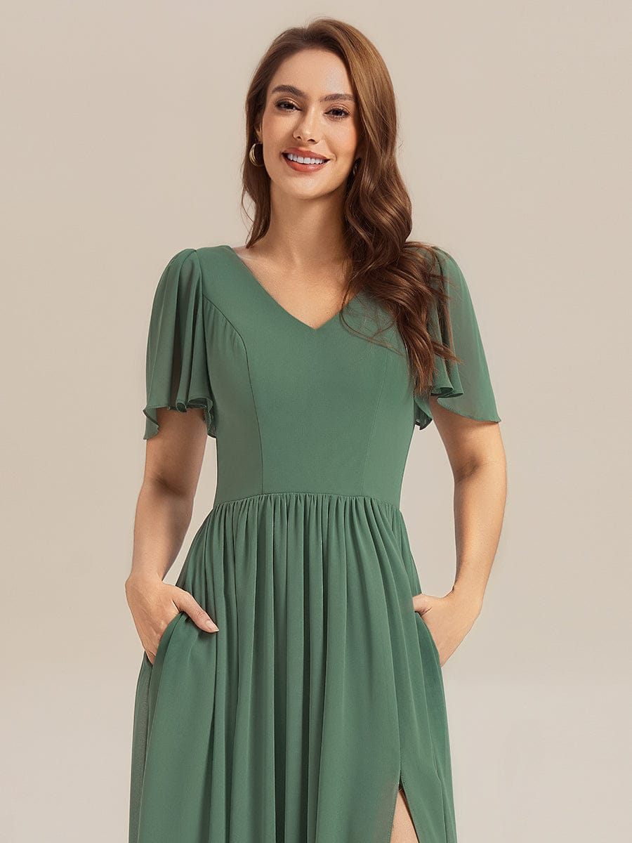 ever AMIRA|Tie-Front Chiffon Ruffle Sleeve Bridesmaid Dress (Final Sale)